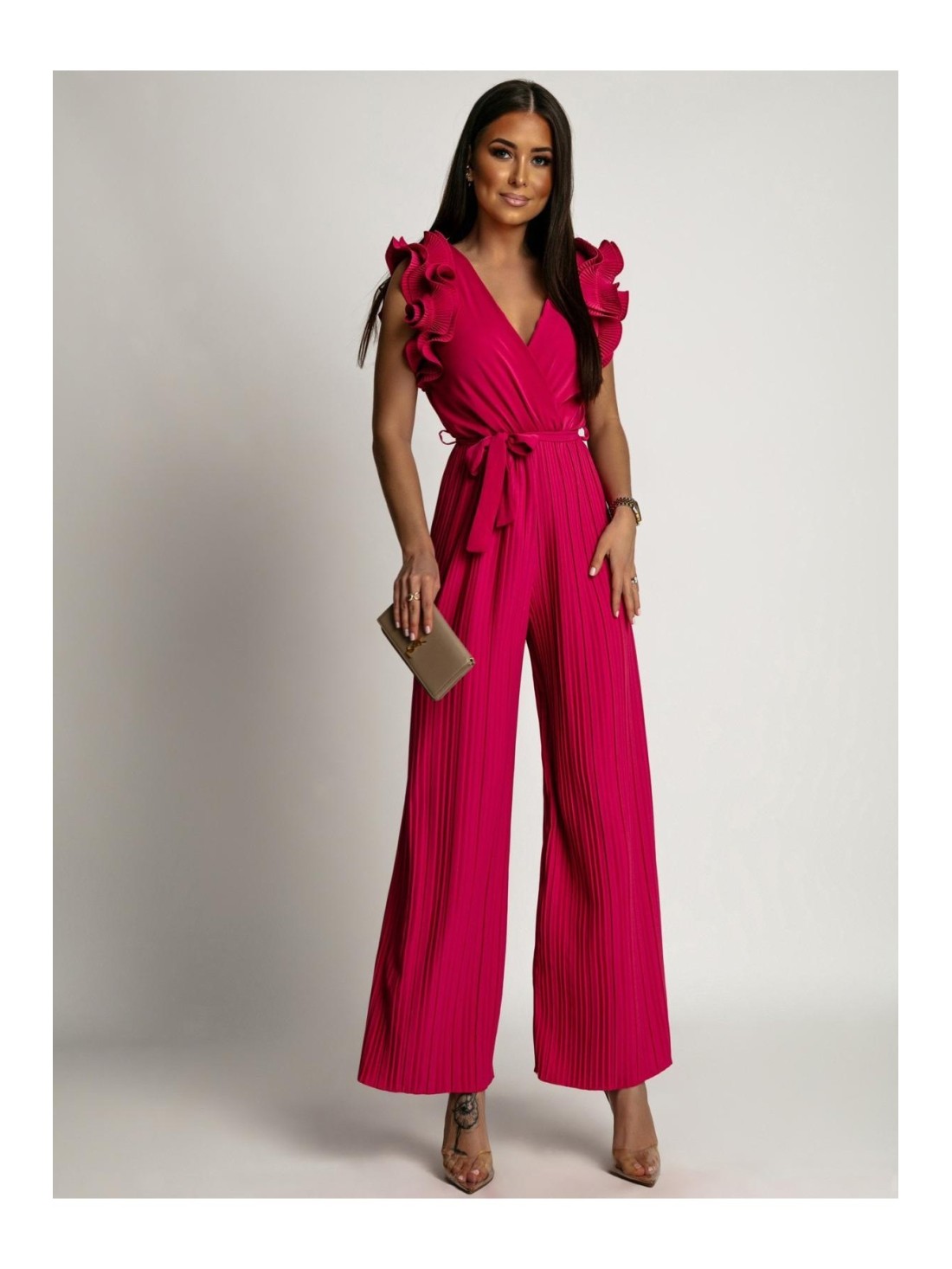 Pleated jumpsuit with ruffles, dark pink AZR1102